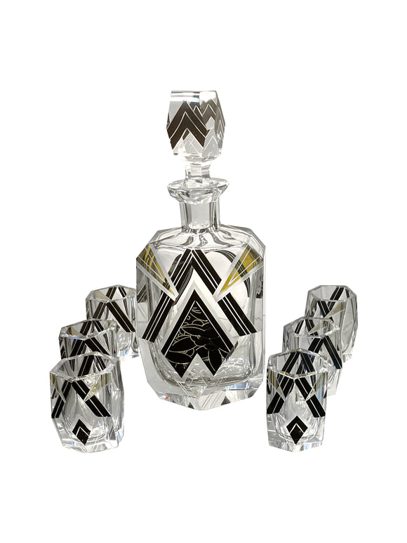 Art Deco Gold and Black Enamel Glass Decanter Set